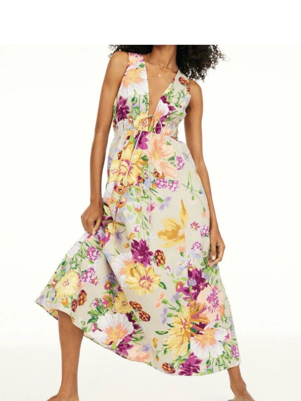 H&M Cotton Linen Midi Maxi Dress Lined Adjustable Long Floral Summer Sz Large L